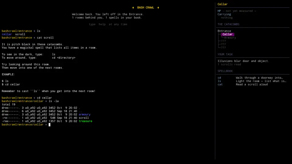 Image of Baschcrawl being played in dual pane view from a save game point