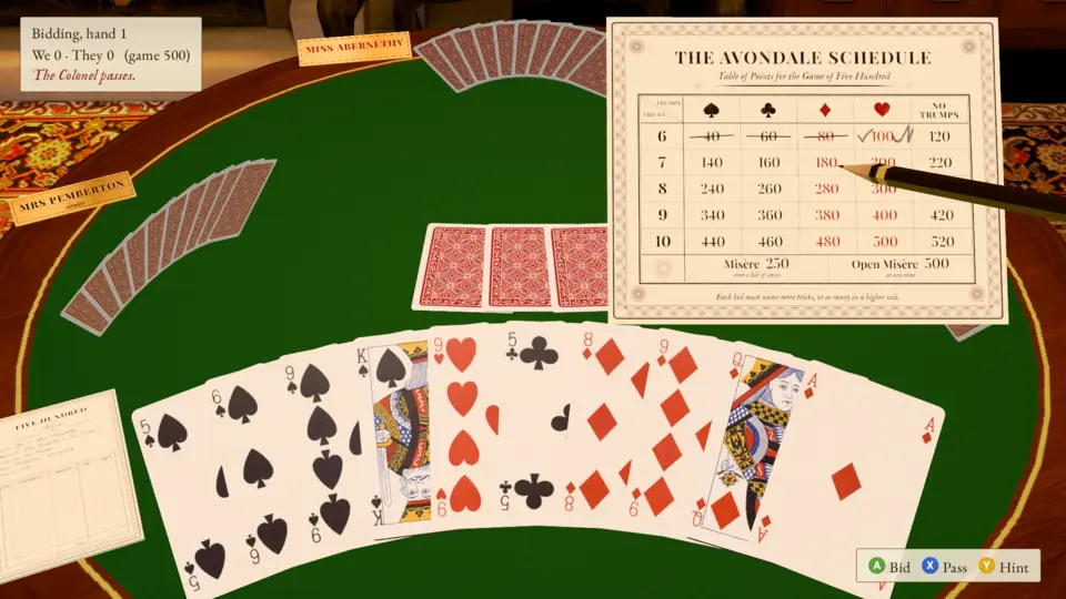 Image of Five Hundred 3D card game, pre-game bidding round with scorecard and pencil