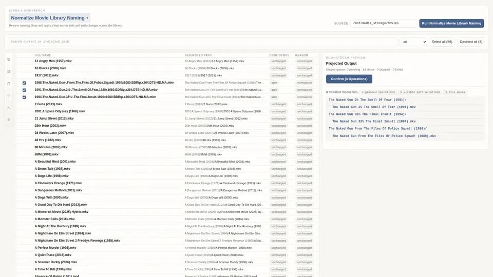 Image of Normal Media Workbench, renaming three films using the Normalization workflow