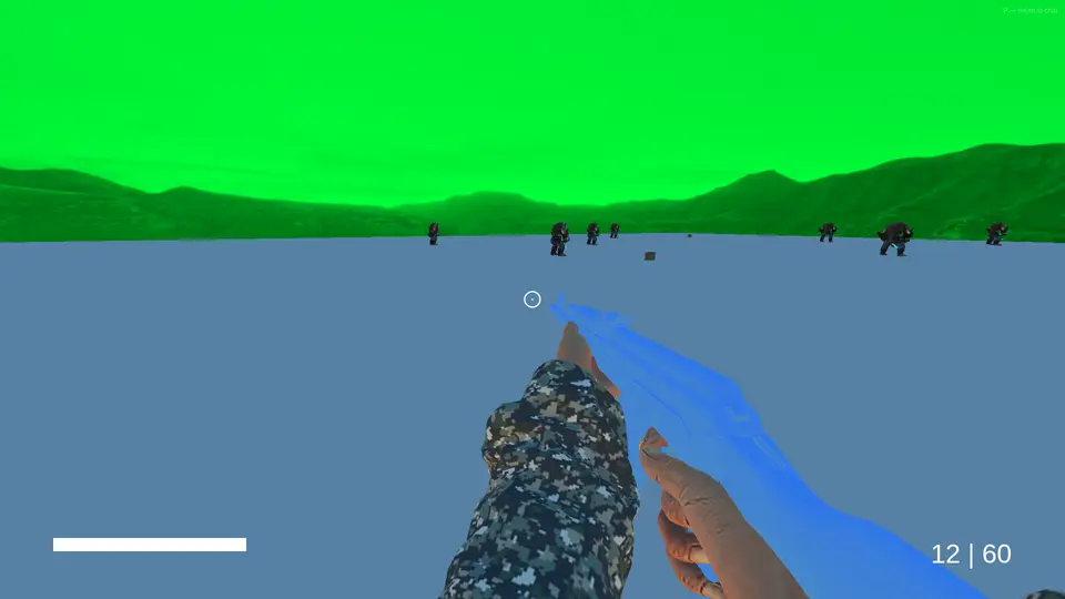 Image of 3D shooting game demo with strangely coloured sky